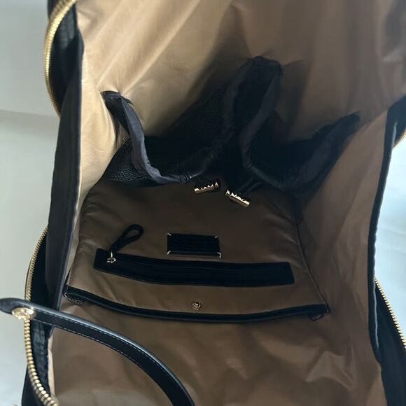 CARAA Large Backpack Black Nylon Leather Trim Gold Hardware Travel Bag 15\